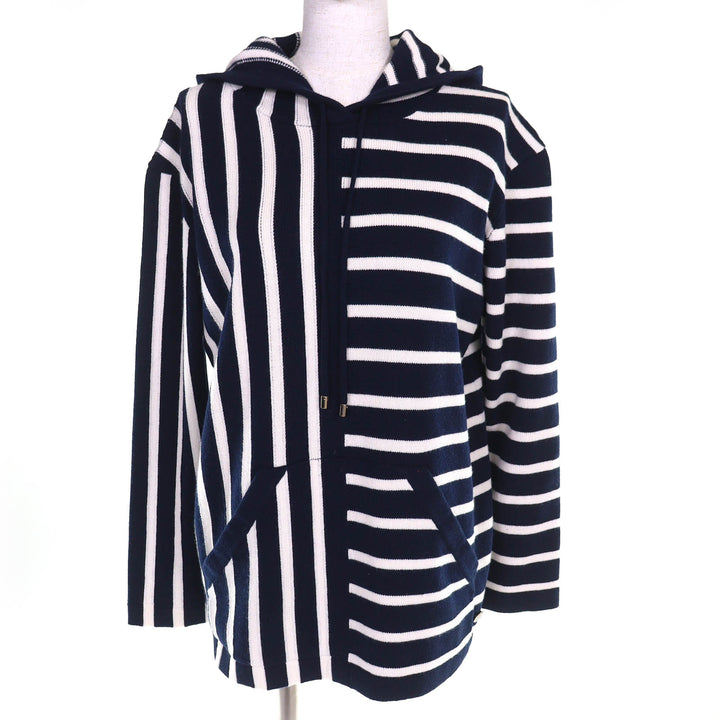 極美品△CHANEL シャネル P77102K11160 カシミヤ100％ ココマーク金具 ボーダー柄 フーディー ニット パーカー ネイビー 白 36 正規品