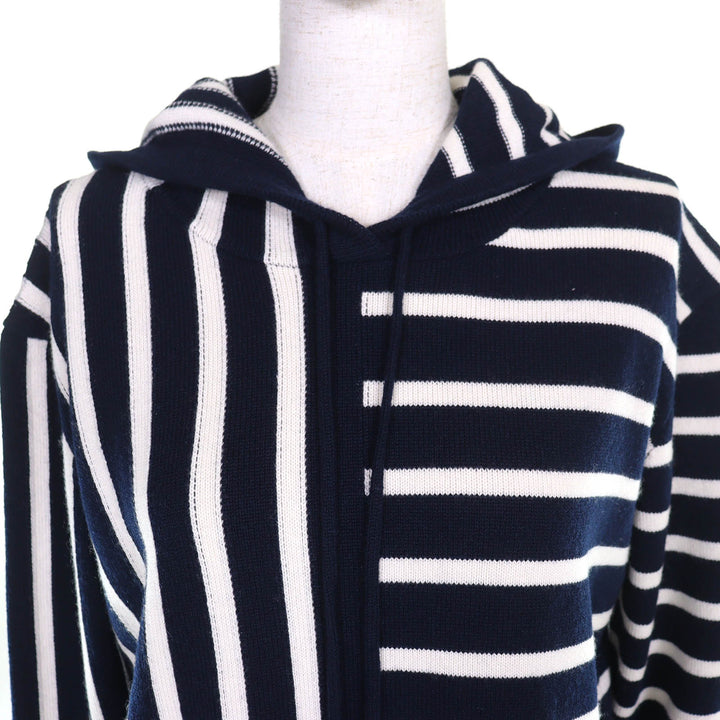極美品△CHANEL シャネル P77102K11160 カシミヤ100％ ココマーク金具 ボーダー柄 フーディー ニット パーカー ネイビー 白 36 正規品