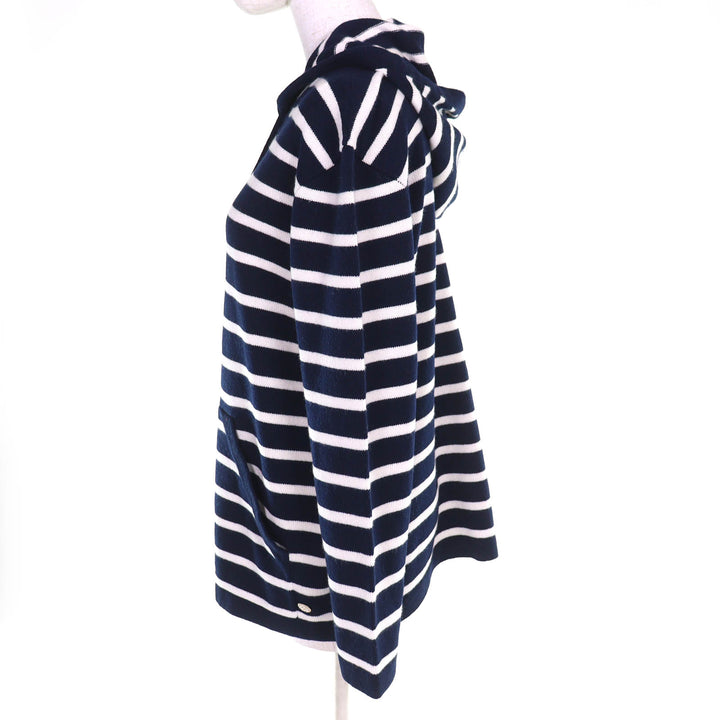 極美品△CHANEL シャネル P77102K11160 カシミヤ100％ ココマーク金具 ボーダー柄 フーディー ニット パーカー ネイビー 白 36 正規品