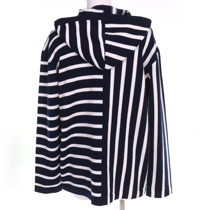 極美品△CHANEL シャネル P77102K11160 カシミヤ100％ ココマーク金具 ボーダー柄 フーディー ニット パーカー ネイビー 白 36 正規品