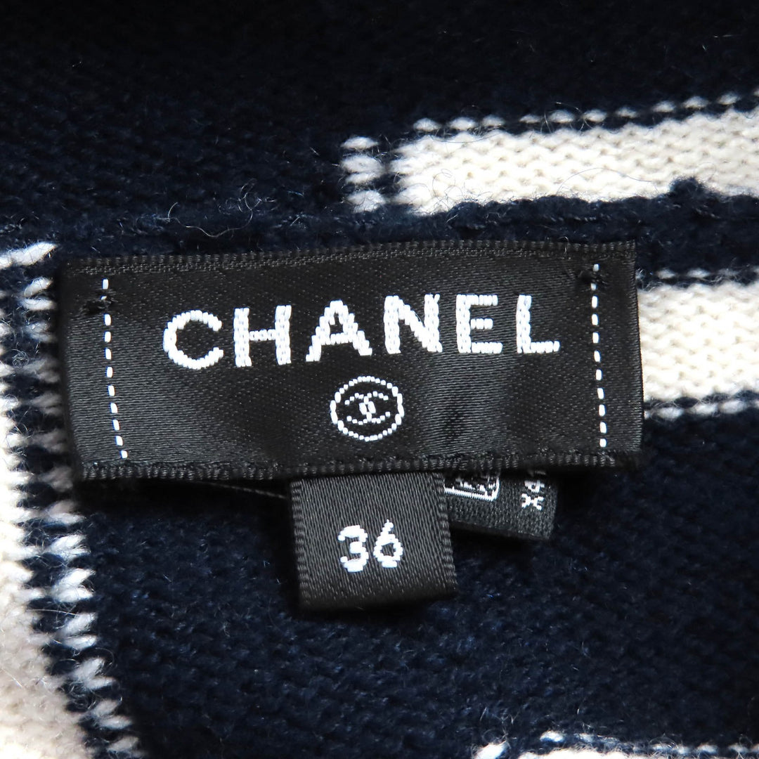 極美品△CHANEL シャネル P77102K11160 カシミヤ100％ ココマーク金具 ボーダー柄 フーディー ニット パーカー ネイビー 白 36 正規品