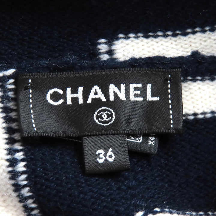 極美品△CHANEL シャネル P77102K11160 カシミヤ100％ ココマーク金具 ボーダー柄 フーディー ニット パーカー ネイビー 白 36 正規品
