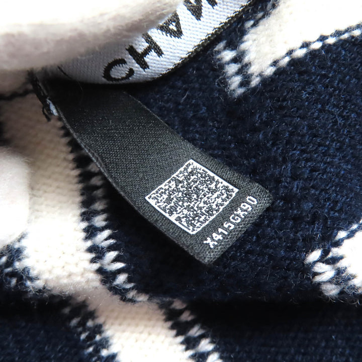 極美品△CHANEL シャネル P77102K11160 カシミヤ100％ ココマーク金具 ボーダー柄 フーディー ニット パーカー ネイビー 白 36 正規品