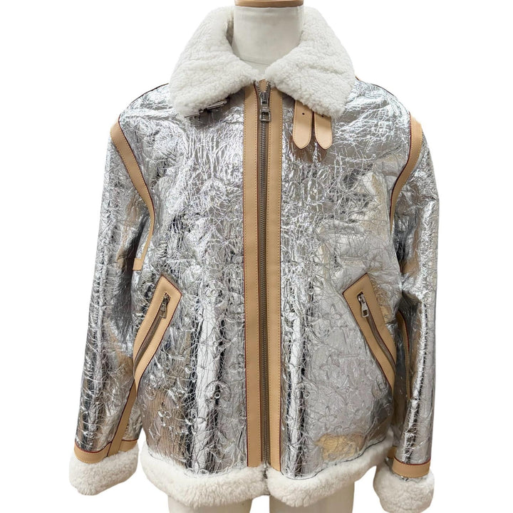極美品▼LOUIS VUITTON ルイヴィトン ラムレザー ヌメ革 モノグラムミラー シアリング WZIPUP ムートンジャケット シルバー 50 正規品
