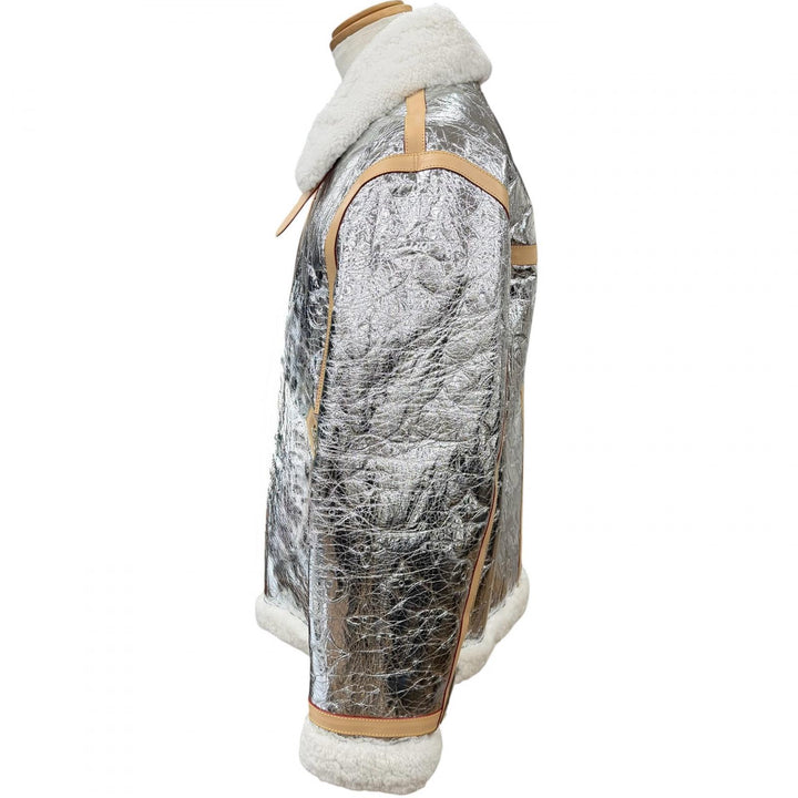 極美品▼LOUIS VUITTON ルイヴィトン ラムレザー ヌメ革 モノグラムミラー シアリング WZIPUP ムートンジャケット シルバー 50 正規品