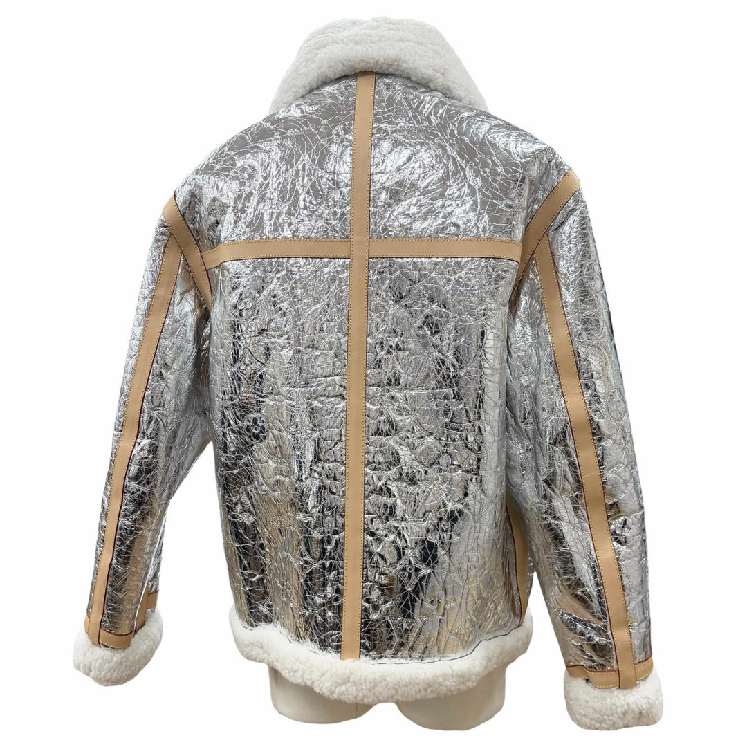 極美品▼LOUIS VUITTON ルイヴィトン ラムレザー ヌメ革 モノグラムミラー シアリング WZIPUP ムートンジャケット シルバー 50 正規品