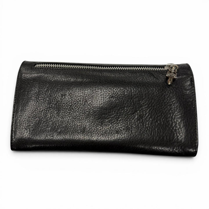 良品▼CHROME HEARTS クロムハーツ GREASY　グリーシー ベビーレザー 925 クロスボタン ロングウォレット 二つ折り長財布 ブラック