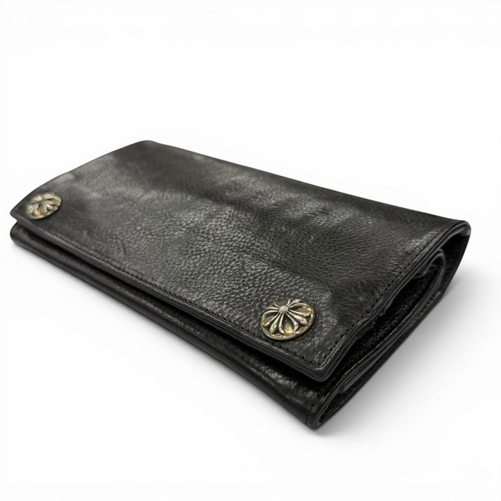 良品▼CHROME HEARTS クロムハーツ GREASY　グリーシー ベビーレザー 925 クロスボタン ロングウォレット 二つ折り長財布 ブラック