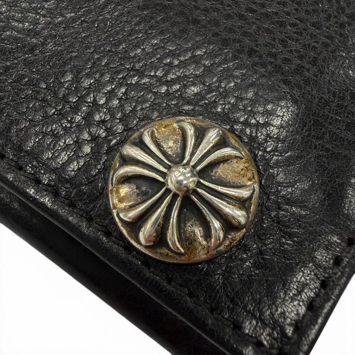 良品▼CHROME HEARTS クロムハーツ GREASY　グリーシー ベビーレザー 925 クロスボタン ロングウォレット 二つ折り長財布 ブラック