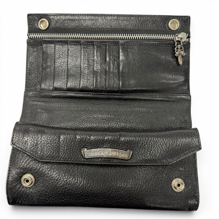 良品▼CHROME HEARTS クロムハーツ GREASY　グリーシー ベビーレザー 925 クロスボタン ロングウォレット 二つ折り長財布 ブラック