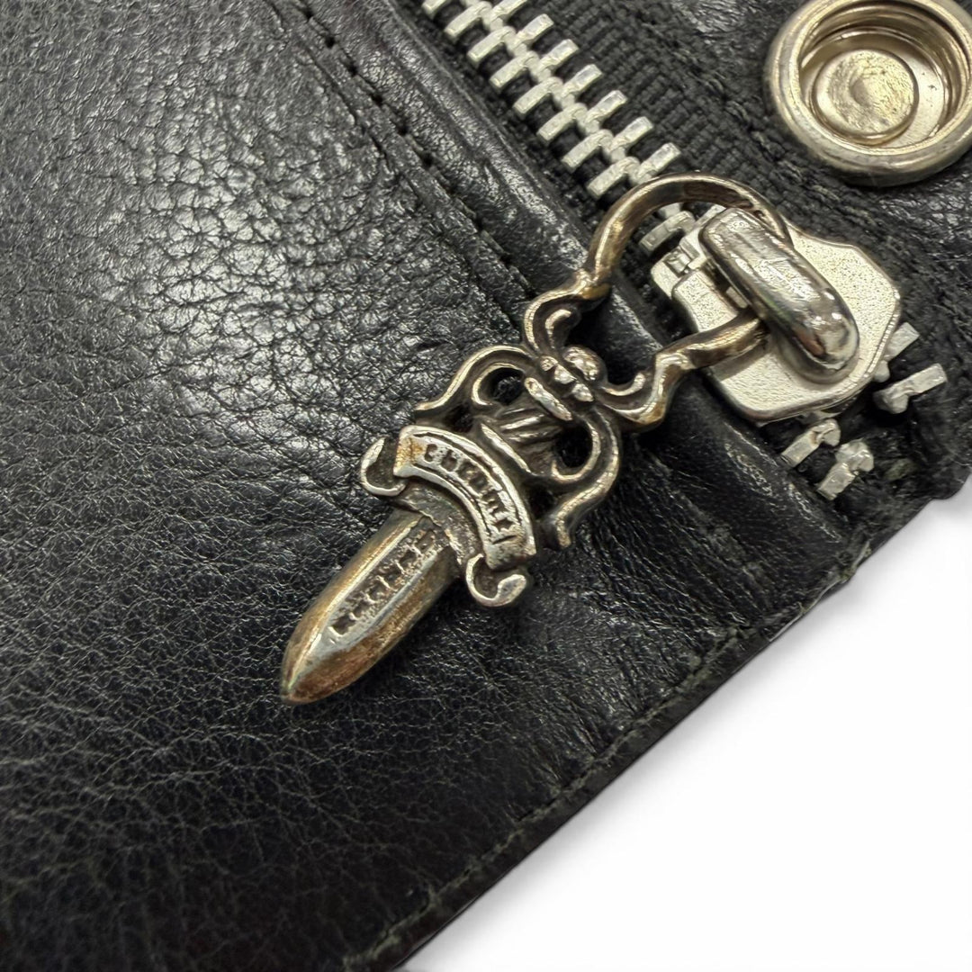 良品▼CHROME HEARTS クロムハーツ GREASY　グリーシー ベビーレザー 925 クロスボタン ロングウォレット 二つ折り長財布 ブラック