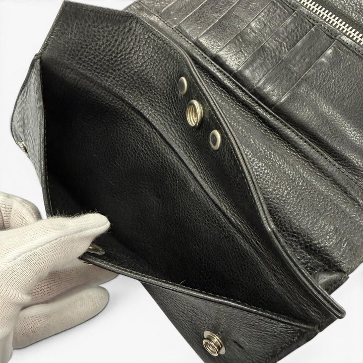良品▼CHROME HEARTS クロムハーツ GREASY　グリーシー ベビーレザー 925 クロスボタン ロングウォレット 二つ折り長財布 ブラック