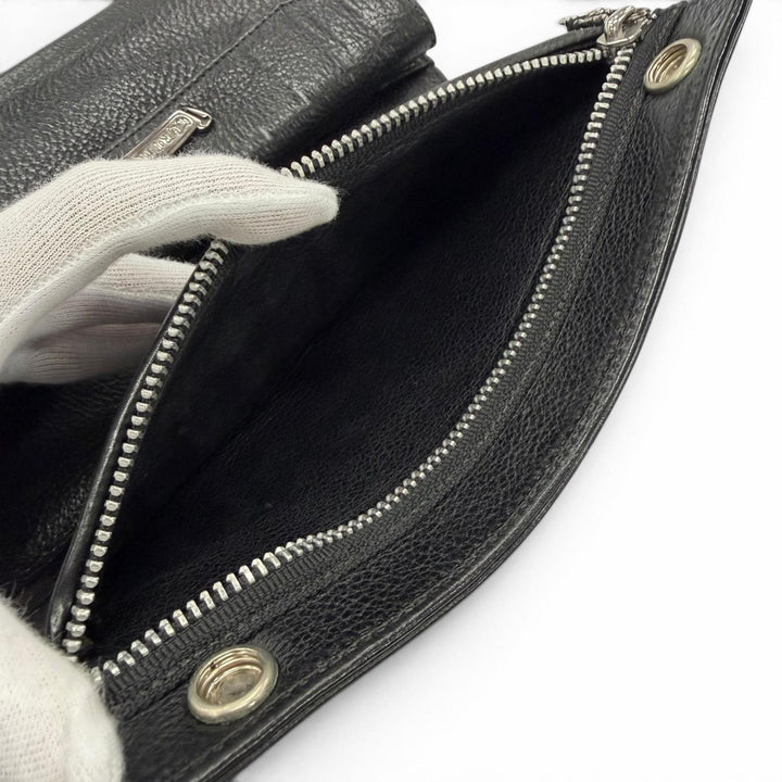 良品▼CHROME HEARTS クロムハーツ GREASY　グリーシー ベビーレザー 925 クロスボタン ロングウォレット 二つ折り長財布 ブラック