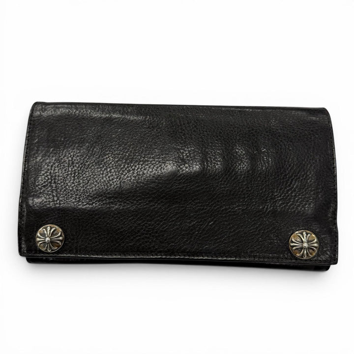 良品▼CHROME HEARTS クロムハーツ GREASY　グリーシー ベビーレザー 925 クロスボタン ロングウォレット 二つ折り長財布 ブラック