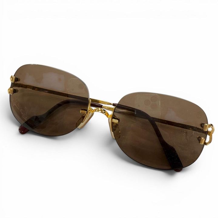 美品▼Cartier カルティエ ー リムレス ツーポイント 2C デコール アイウェア サングラス ゴールド ボルドー □18 135 フランス製 メンズ