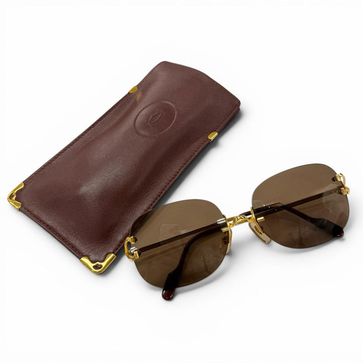 美品▼Cartier カルティエ ー リムレス ツーポイント 2C デコール アイウェア サングラス ゴールド ボルドー □18 135 フランス製 メンズ