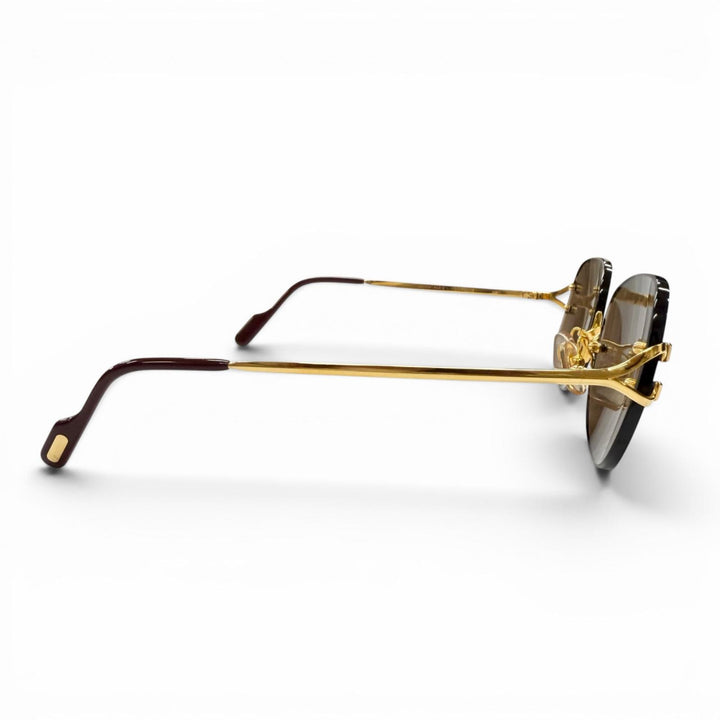 美品▼Cartier カルティエ ー リムレス ツーポイント 2C デコール アイウェア サングラス ゴールド ボルドー □18 135 フランス製 メンズ