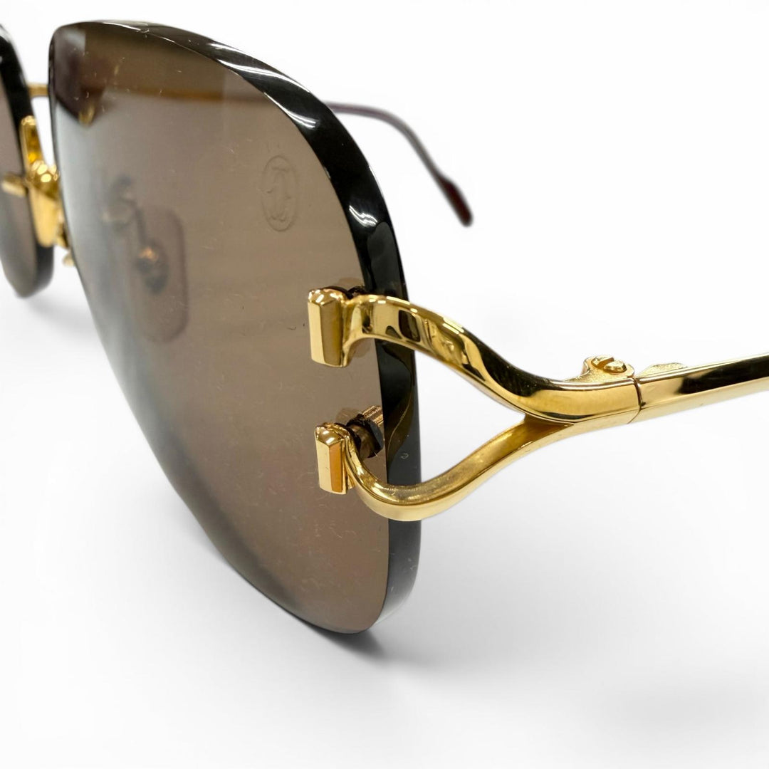 美品▼Cartier カルティエ ー リムレス ツーポイント 2C デコール アイウェア サングラス ゴールド ボルドー □18 135 フランス製 メンズ