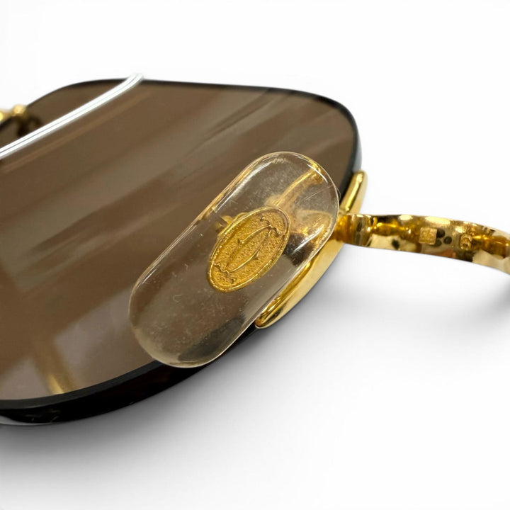 美品▼Cartier カルティエ ー リムレス ツーポイント 2C デコール アイウェア サングラス ゴールド ボルドー □18 135 フランス製 メンズ