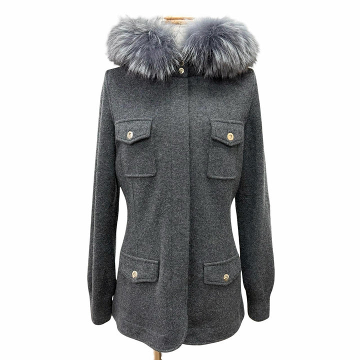美品△Loro Piana ロロピアーナ FAD2517 カシミヤ100％ ゴートスキンパーツ ブルーフォックスファー ニットジャケット グレー 伊製 42