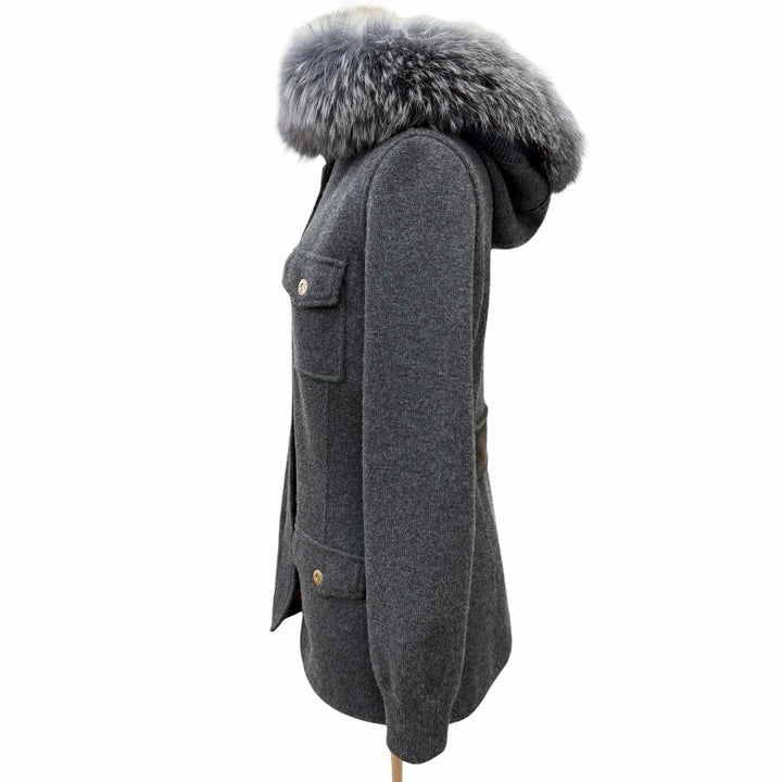 美品△Loro Piana ロロピアーナ FAD2517 カシミヤ100％ ゴートスキンパーツ ブルーフォックスファー ニットジャケット グレー 伊製 42