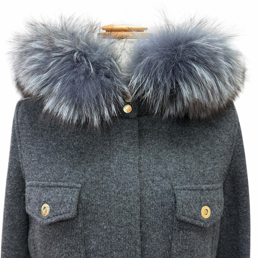 美品△Loro Piana ロロピアーナ FAD2517 カシミヤ100％ ゴートスキンパーツ ブルーフォックスファー ニットジャケット グレー 伊製 42
