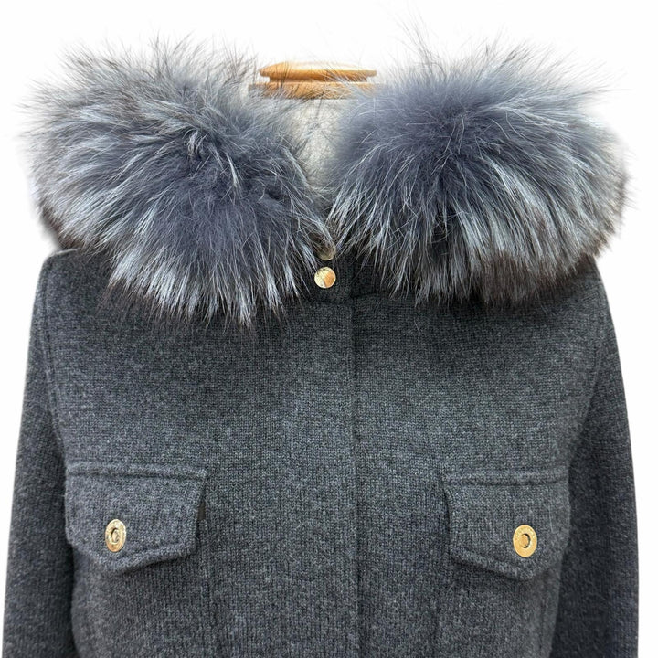美品△Loro Piana ロロピアーナ FAD2517 カシミヤ100％ ゴートスキンパーツ ブルーフォックスファー ニットジャケット グレー 伊製 42