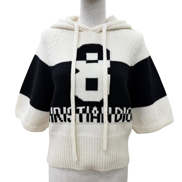 極美品☆Christian Dior クリスチャンディオール 254S56AM121 ウール カシミヤ ロゴ入り フード付 ニットパーカー 半袖ニット 42 正規品