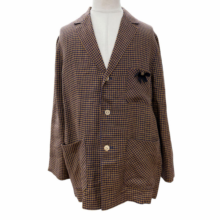 極美品▼GUCCI グッチ 659844 リネン100% インターロッキングGリボン チェック柄 シェルボタン シングルジャケット テーラード 48 正規品