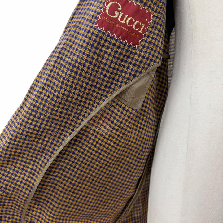 極美品▼GUCCI グッチ 659844 リネン100% インターロッキングGリボン チェック柄 シェルボタン シングルジャケット テーラード 48 正規品