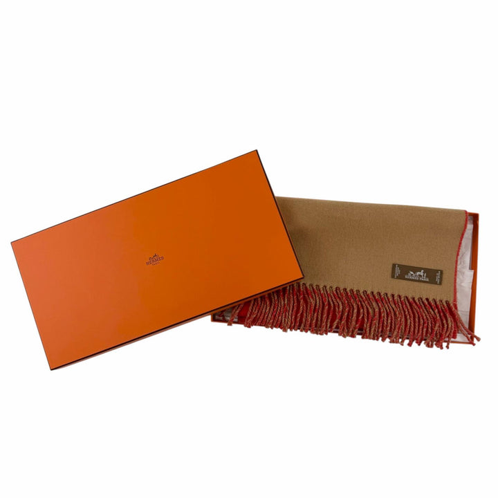 極美品☆HERMES エルメス カシミヤ100％ フリンジ付 バイカラー マフラー レッド ブラウン レディース 箱付き