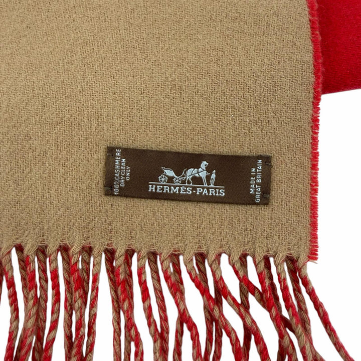極美品☆HERMES エルメス カシミヤ100％ フリンジ付 バイカラー マフラー レッド ブラウン レディース 箱付き