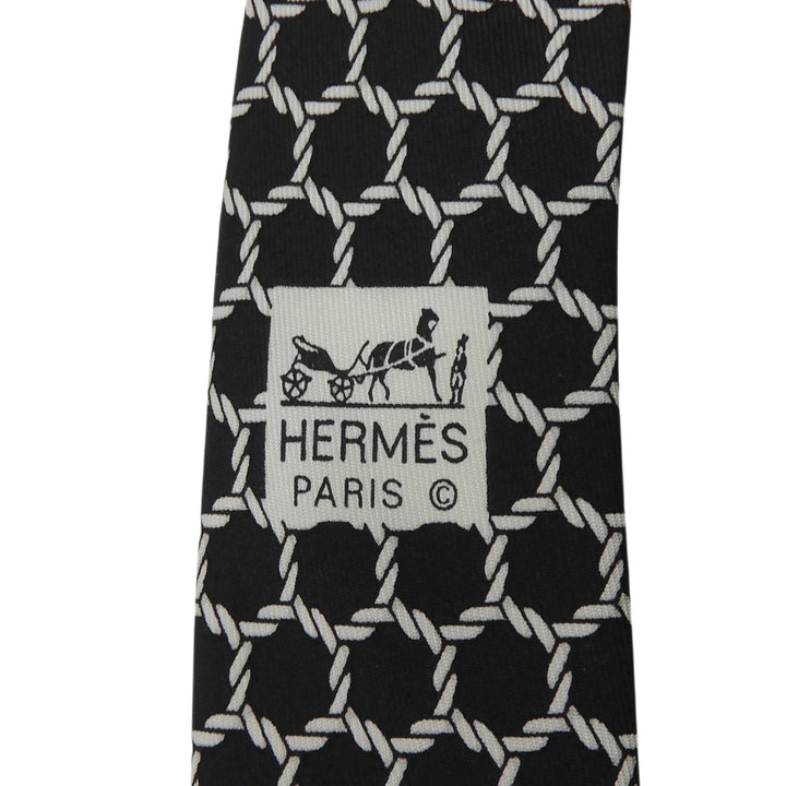 極美品▲HERMES エルメス 7491 IA シルク100％ ロープ柄 ネクタイ ブラック ホワイト フランス製 メンズ 箱付き