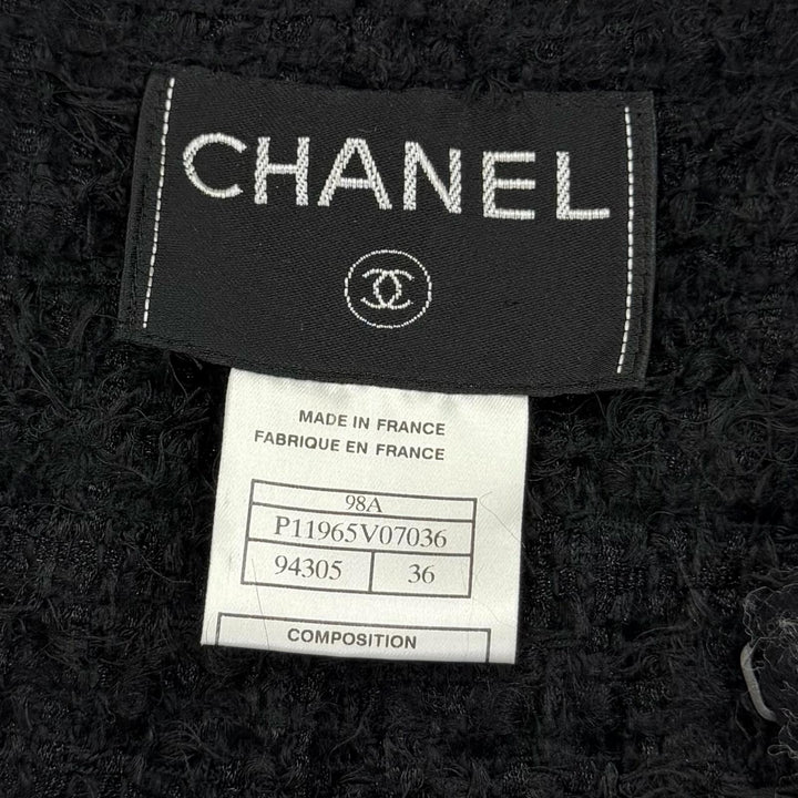 極美品☆CHANEL シャネル ヴィンテージ 98A P11965V07036 モヘア混 ココボタン ニットツイード ノーカラージャケット ブラック 36 正規品