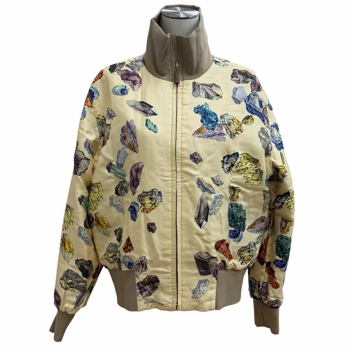 極美品★HERMES エルメス ヴィンテージ シルク100% リバーシブル MINERAUX 総柄 ZIP UP ブルゾン ジャケット マルチ ベージュ 40 仏製