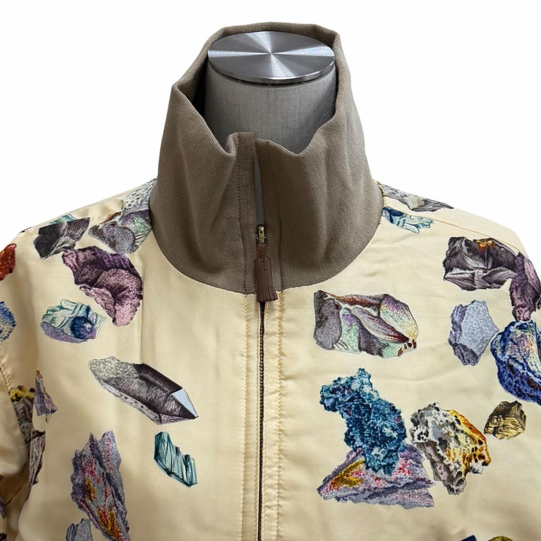 極美品★HERMES エルメス ヴィンテージ シルク100% リバーシブル MINERAUX 総柄 ZIP UP ブルゾン ジャケット マルチ ベージュ 40 仏製
