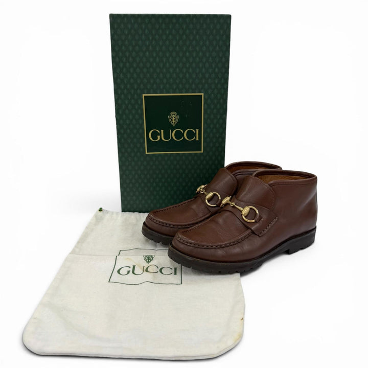 【ドンドン見直し】美品☆GUCCI グッチ 104 0088 ホースビット金具 レザー ショートブーツ ブラウン ゴールド金具 5 レディース 箱・袋付