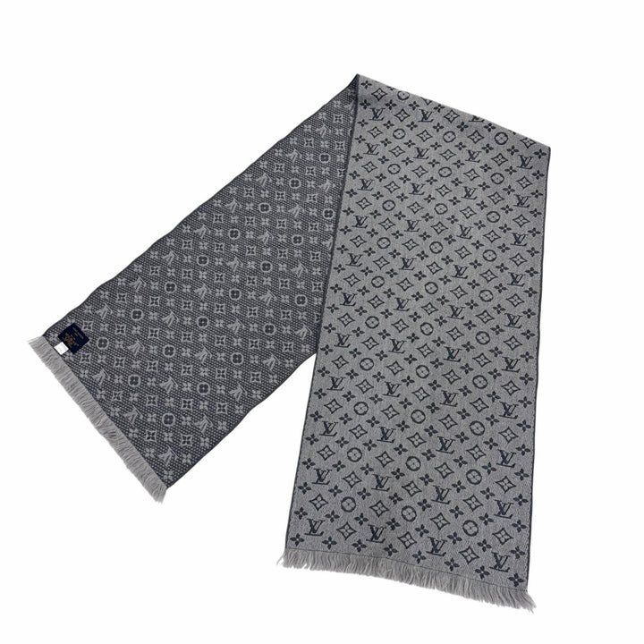 美品▼LOUIS VUITTON ルイヴィトン M70932 エシャルプ モノグラム クラシック ウール100% マフラー グレー イタリア製 正規品 メンズ