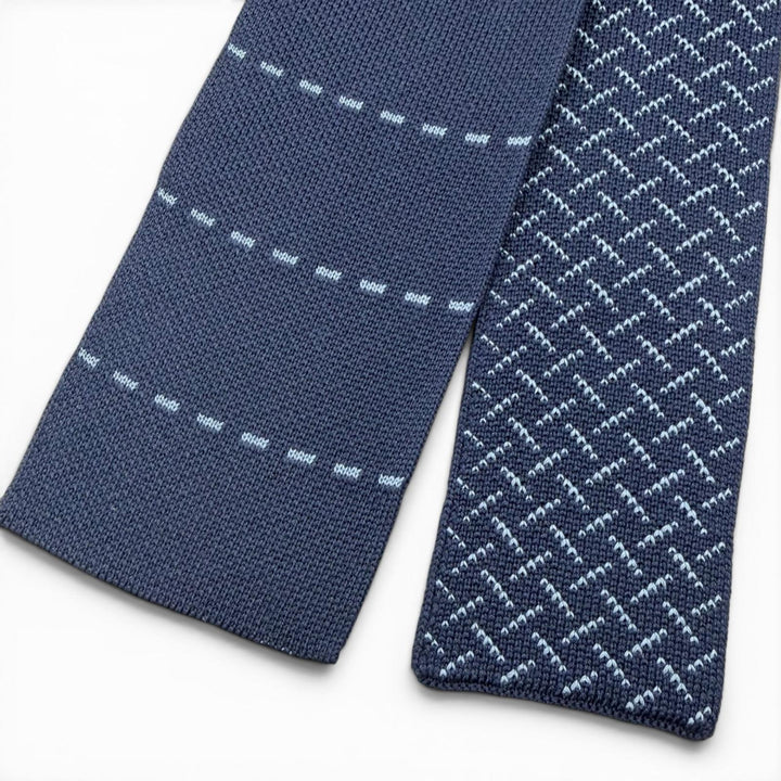 極美品□HERMES エルメス シルク100% ボーダー クロス柄 リバーシブル ニットタイ ネクタイ ネイビー イタリア製 メンズ オススメ◎