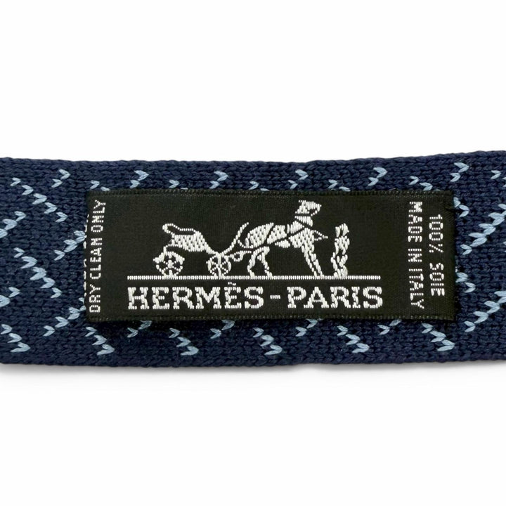 極美品□HERMES エルメス シルク100% ボーダー クロス柄 リバーシブル ニットタイ ネクタイ ネイビー イタリア製 メンズ オススメ◎