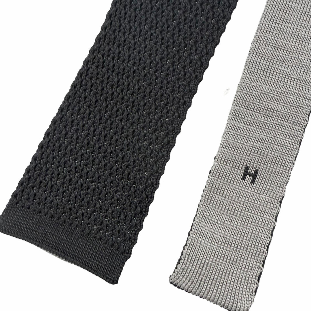 極美品□HERMES エルメス シルク100％ Hロゴ刺繍 エンブロイダリー ニットタイ ネクタイ チャコールグレー ライトグレー イタリア製