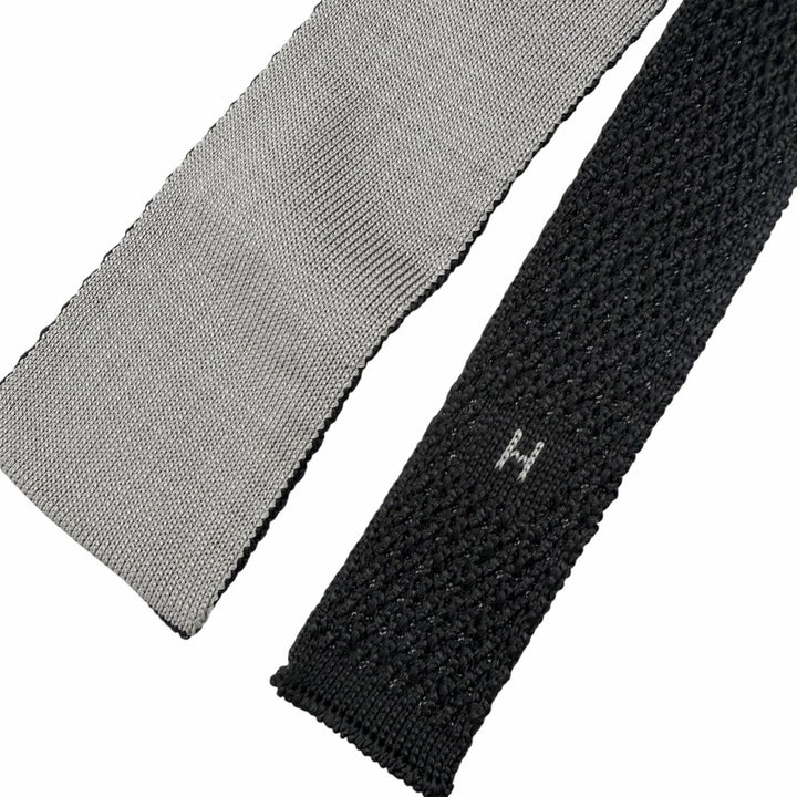 極美品□HERMES エルメス シルク100％ Hロゴ刺繍 エンブロイダリー ニットタイ ネクタイ チャコールグレー ライトグレー イタリア製