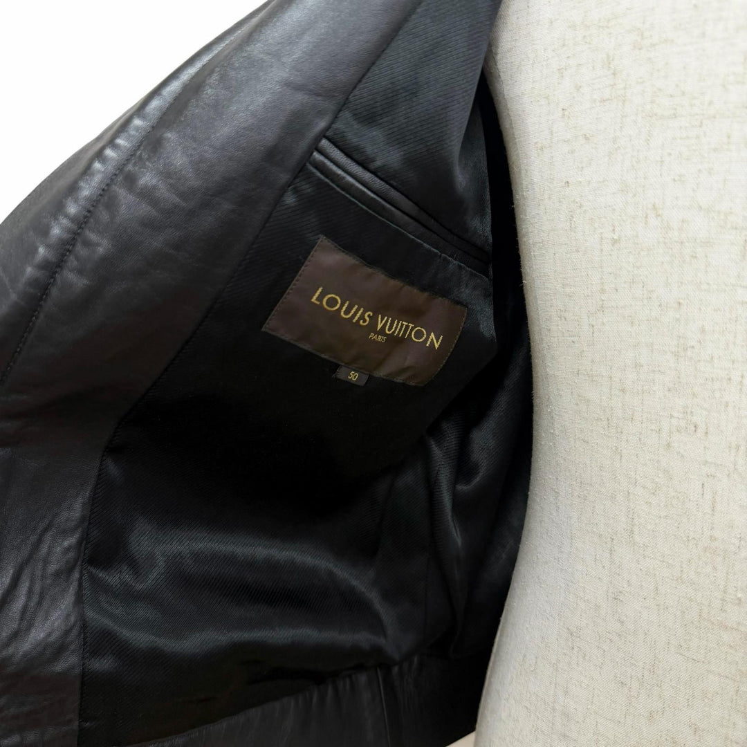 美品□LOUIS VUITTON ルイヴィトン ラムスキン スタンドカラー レザージャケット ライダースジャケット ブラック 50 フランス製 メンズ