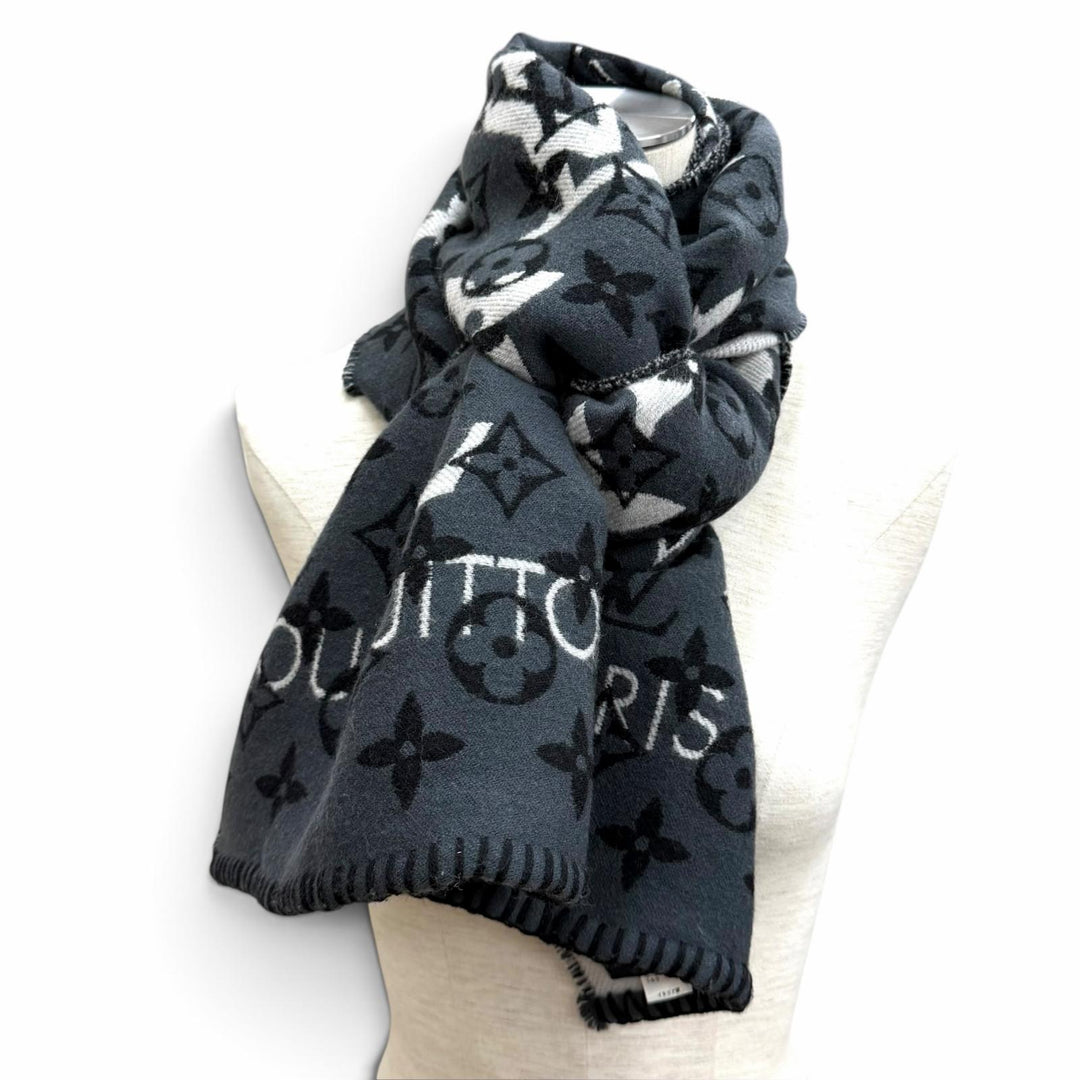 美品★LOUIS VUITTON ルイヴィトン M76377 エシャルプ オールユーニード ウール シルク混 モノグラム マフラー グレー 伊製 正規品
