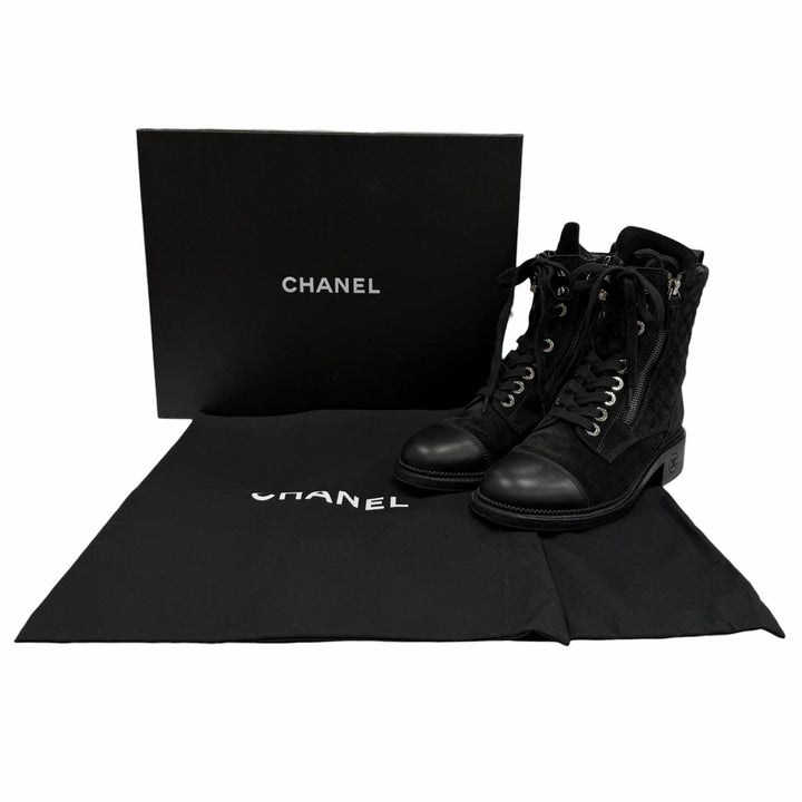 極美品★CHANEL シャネル G33769 レザー使い マトラッセ ココマーク レースアップ スウェードレザー ショートブーツ 黒 37 箱・袋付