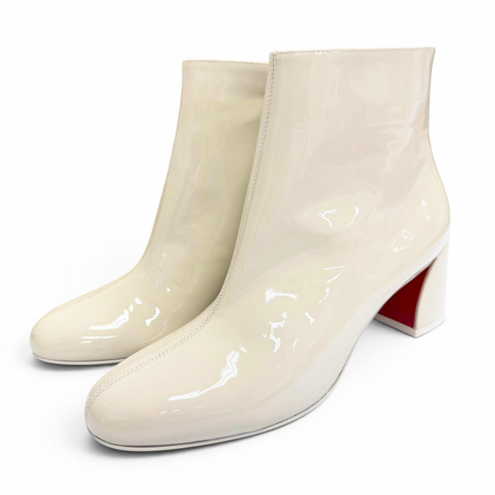 未使用品△Christian Louboutin クリスチャンルブタン TURELA 55 サイドジップ エナメル ショートブーツ チャンキーヒール アイボリー 35