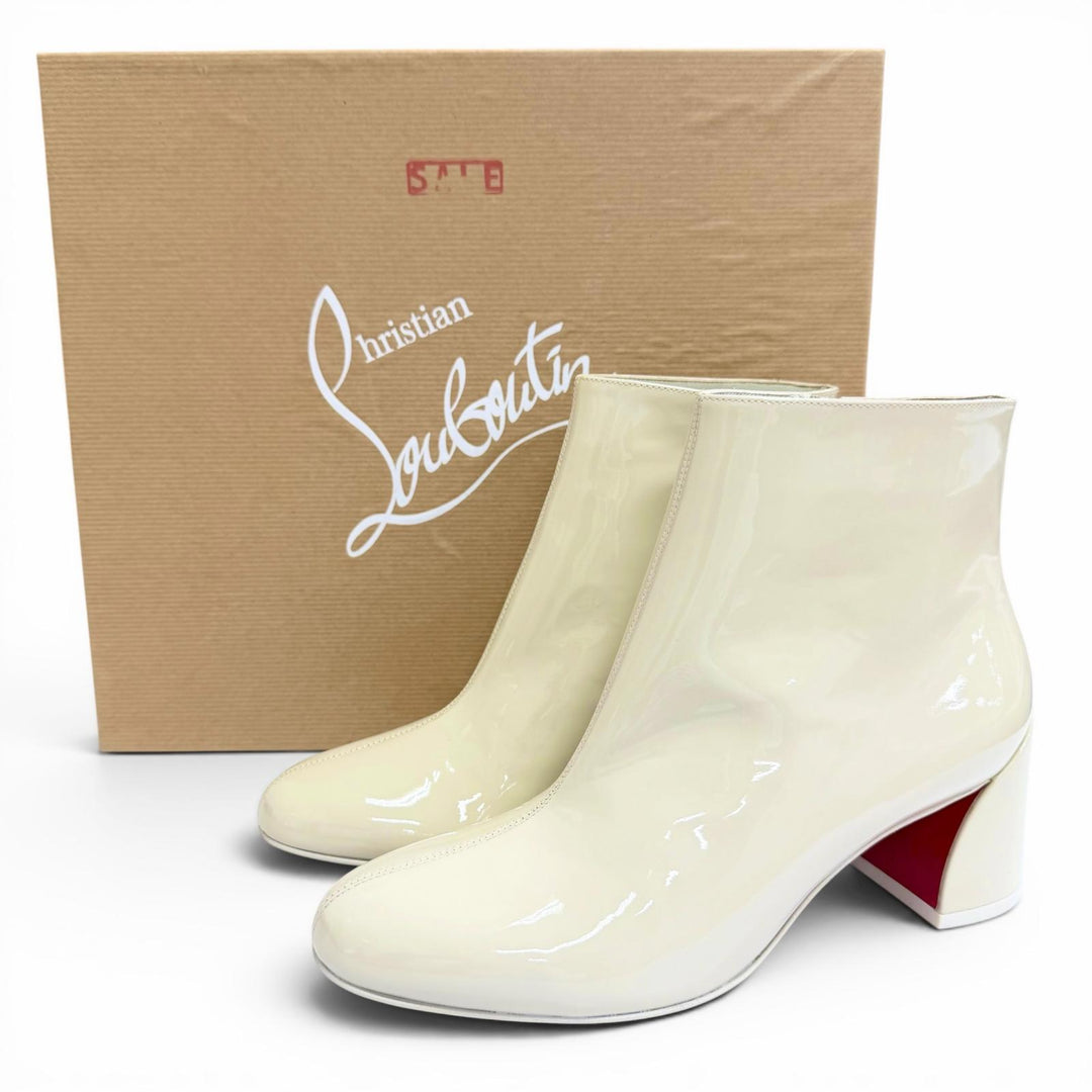 未使用品△Christian Louboutin クリスチャンルブタン TURELA 55 サイドジップ エナメル ショートブーツ チャンキーヒール アイボリー 35