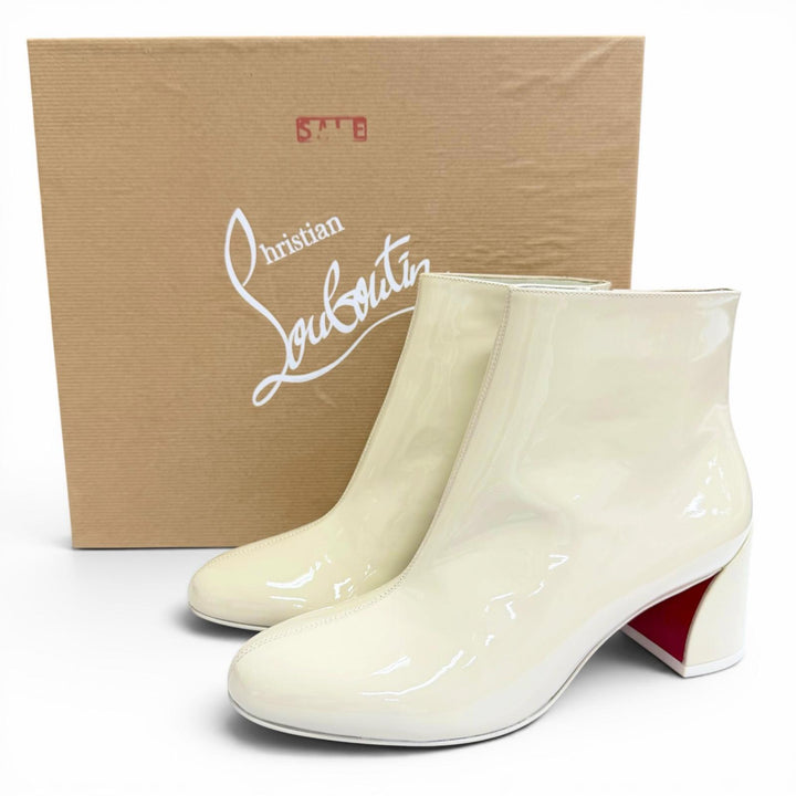 未使用品△Christian Louboutin クリスチャンルブタン TURELA 55 サイドジップ エナメル ショートブーツ チャンキーヒール アイボリー 35