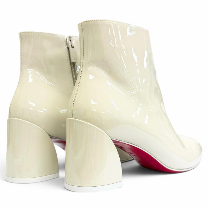 未使用品△Christian Louboutin クリスチャンルブタン TURELA 55 サイドジップ エナメル ショートブーツ チャンキーヒール アイボリー 35