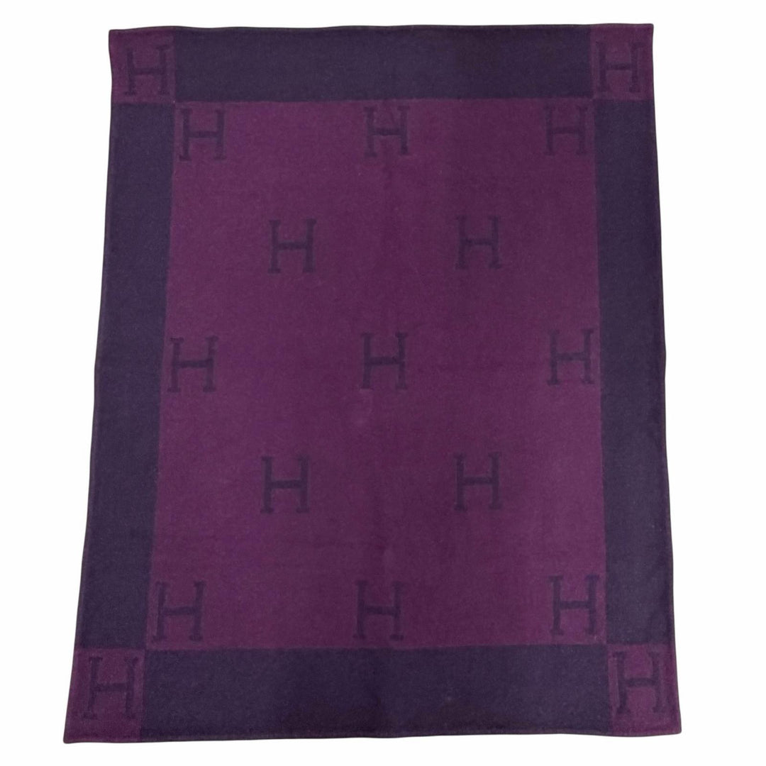 美品△HERMES エルメス ヴィンテージ アヴァロン Hロゴ カシミヤ混 大判 ブランケット パープル系 メンズ レディース オススメ◎